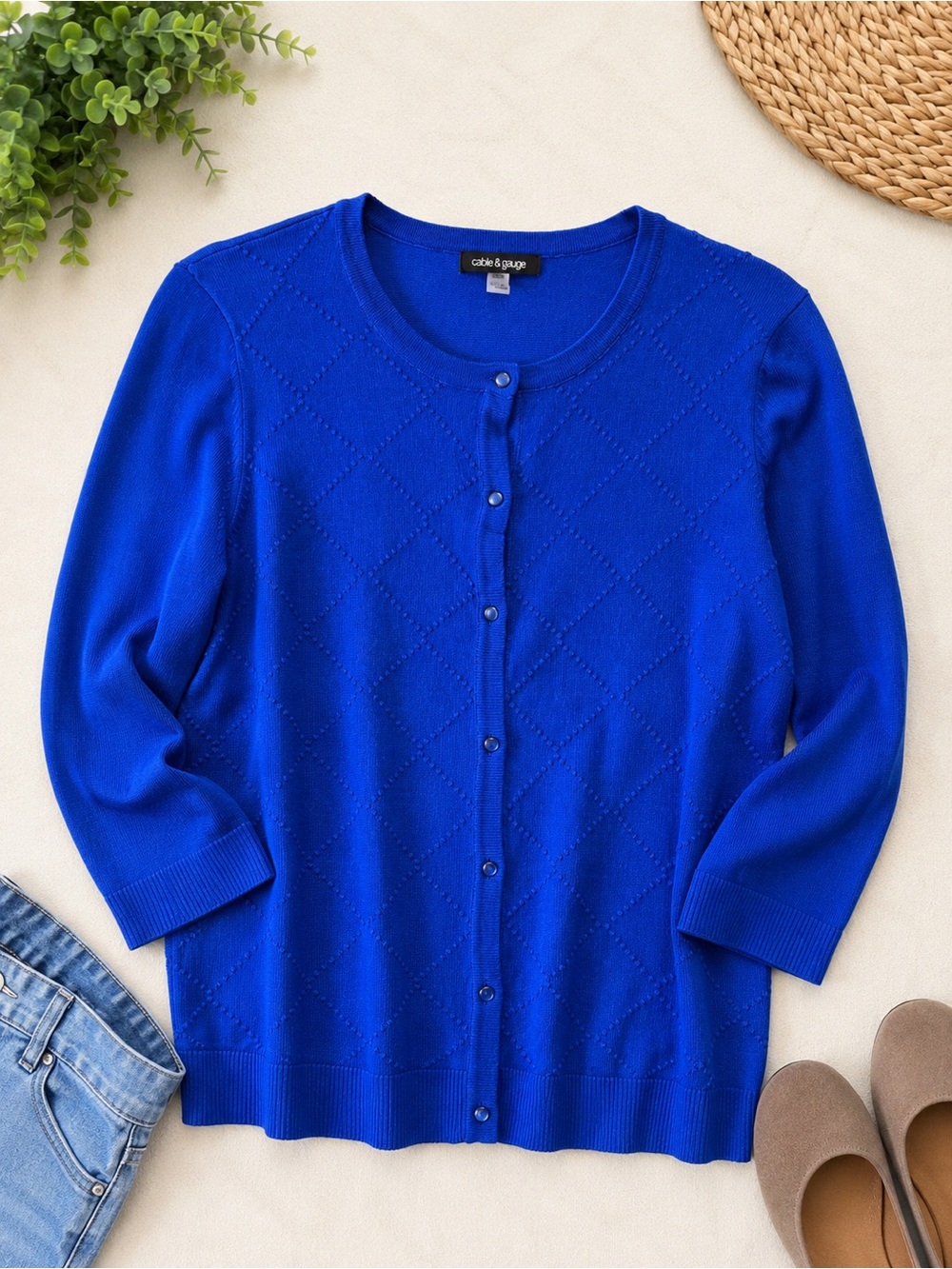 ✨💙Cable & Gauge Women's Cobalt Blue Diamond Knit 3/4 Sleeve Cardigan  Sz L✨💙